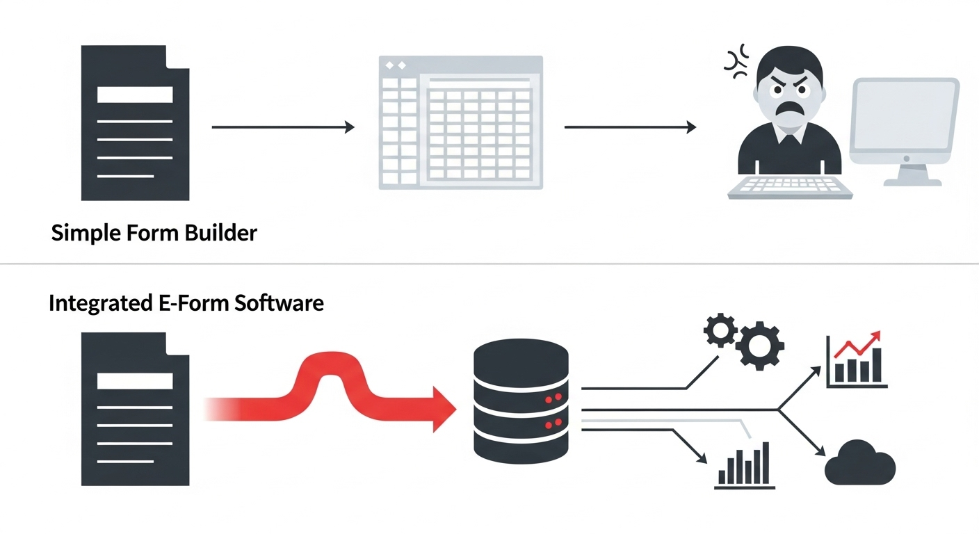 A diagram comparing a simple form builder that requires manual data entry versus an integrated e-form system that automates the entire workflow.