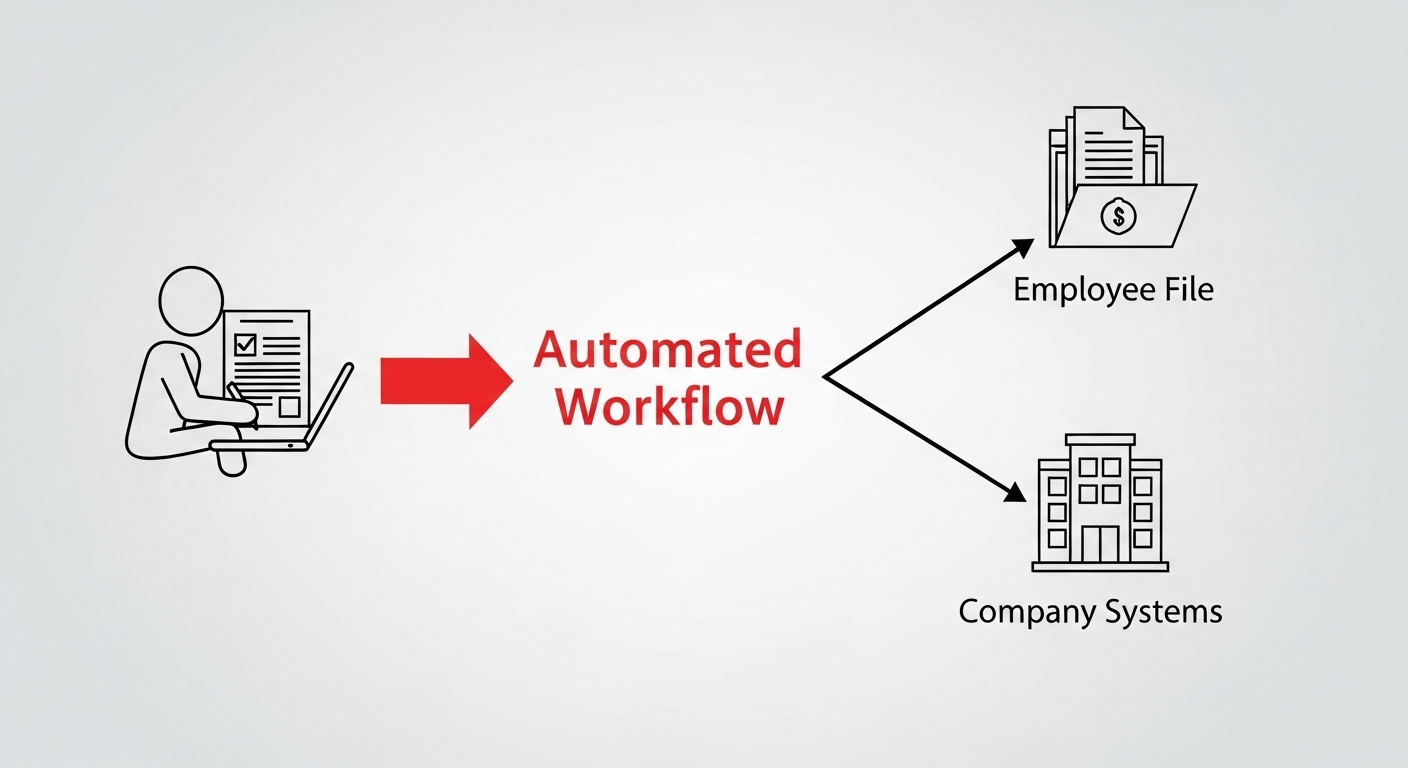 An infographic showing an automated HR onboarding process where a new hire's e-form data automatically creates their employee file in the DMS.