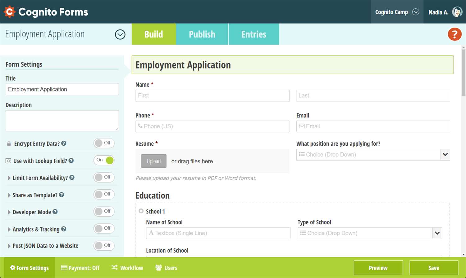 Cognito Forms employment application builder interface showing customizable fields for name, contact info, resume upload, position applied for, and education details, with advanced settings for encryption, lookup fields, and JSON data posting.