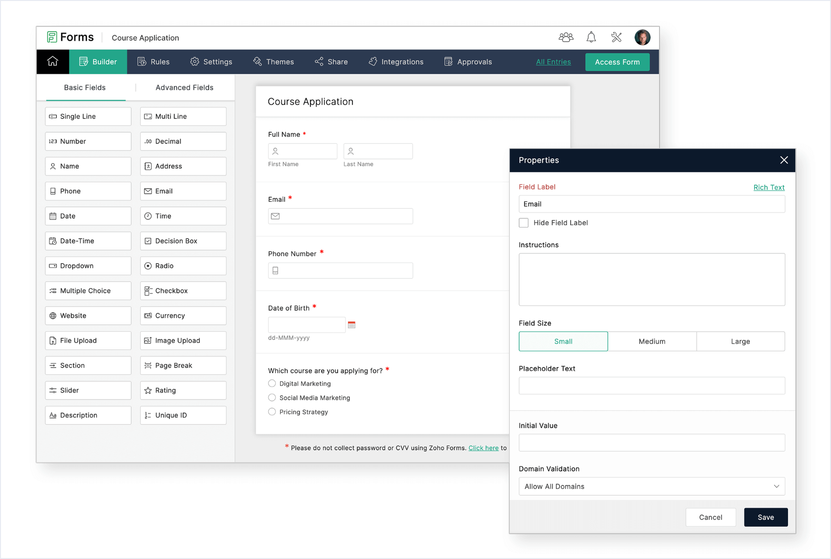 Interface of Zoho Forms electronic form software displaying a Course Application form setup, with drag-and-drop fields, workflow customization tools, and a properties panel for email field configuration