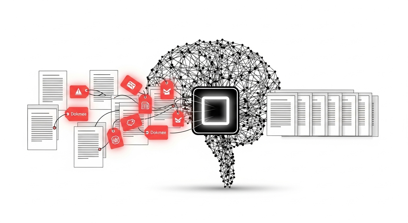 A conceptual illustration of an AI engine performing AI document indexing, automatically reading files and attaching metadata tags for organization.