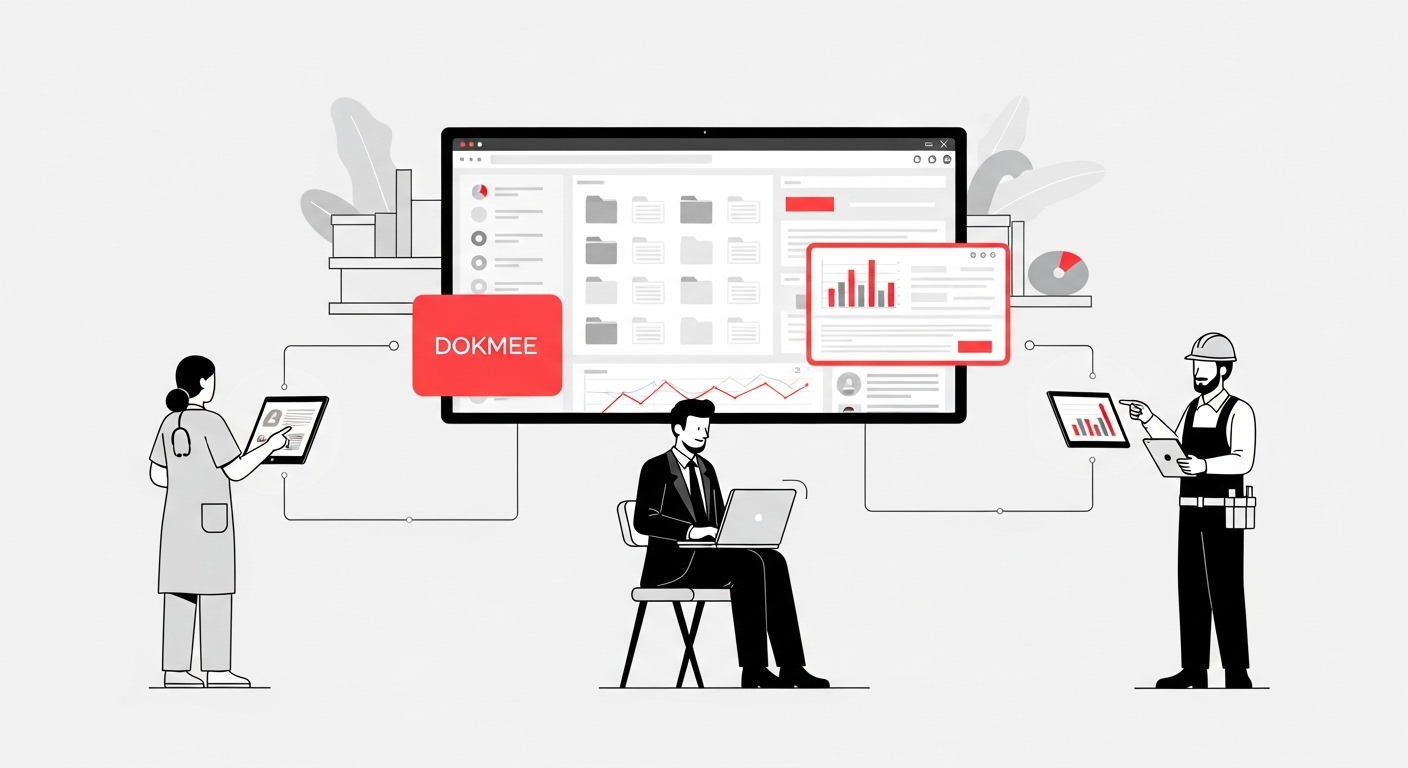 Professionals from healthcare, finance, and construction using Dokmee's AI document indexing on their devices, connected to a central, secure system.