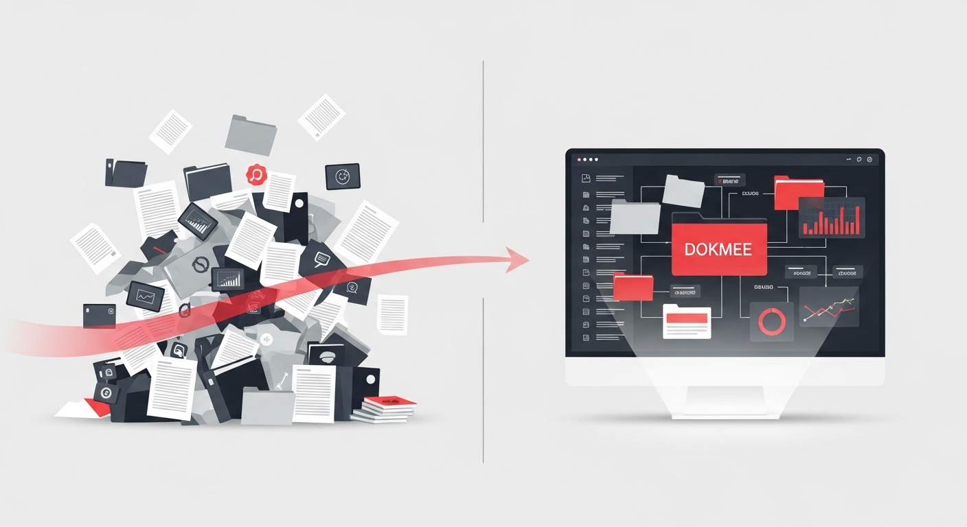 A diagram showing how Dokmee's AI document indexing transforms chaotic, disorganized files into a single, organized digital hub for instant access.