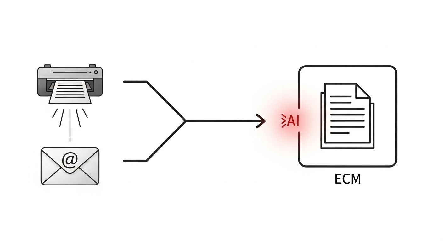 A diagram showing automated document capture, where scanned papers and emails are automatically ingested into an ECM for indexing.