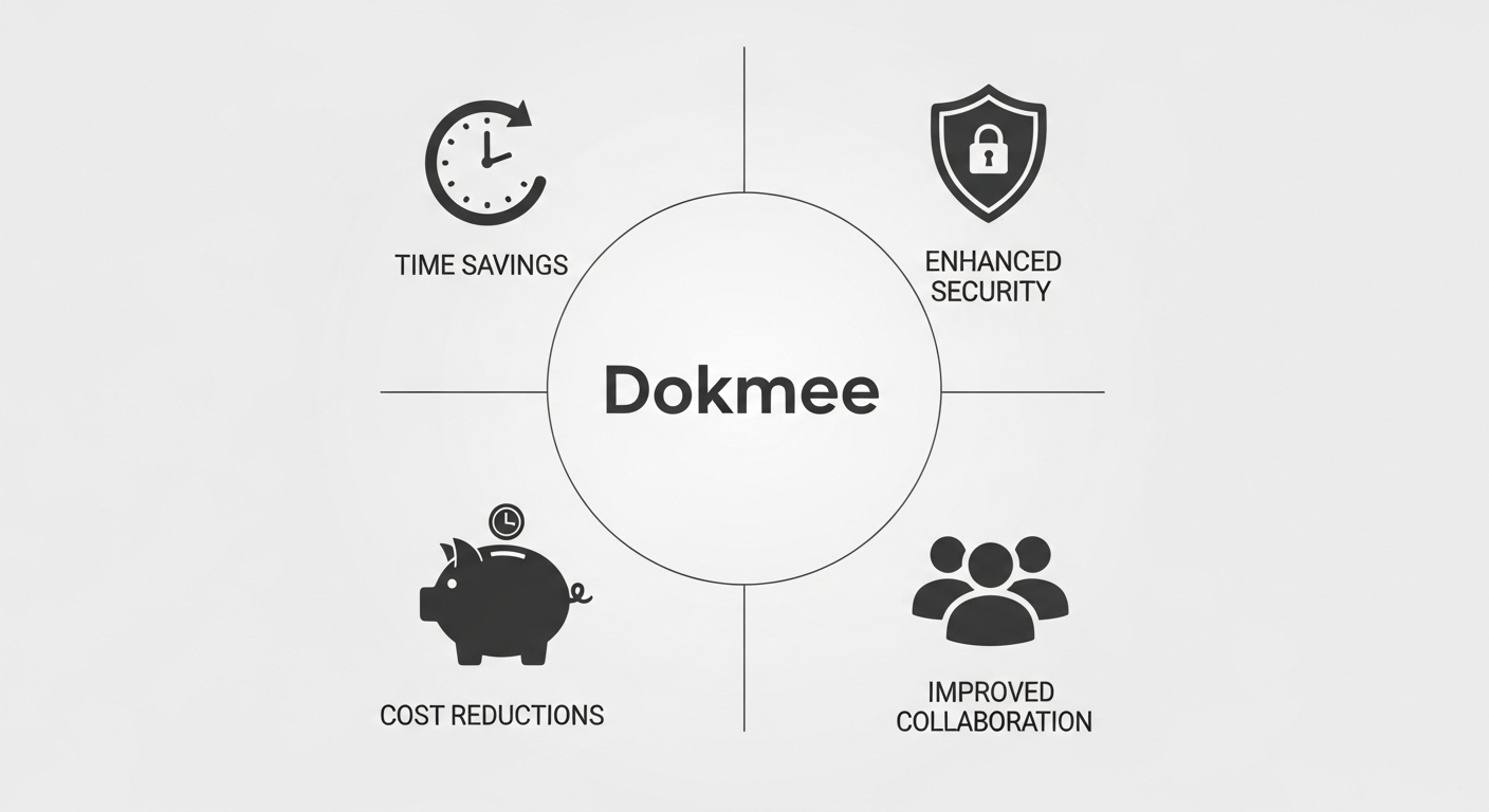 A graphic showing the main benefits of an automotive document management system: time savings, enhanced security, cost reductions, and improved collaboration. (Source: Imagen 4)