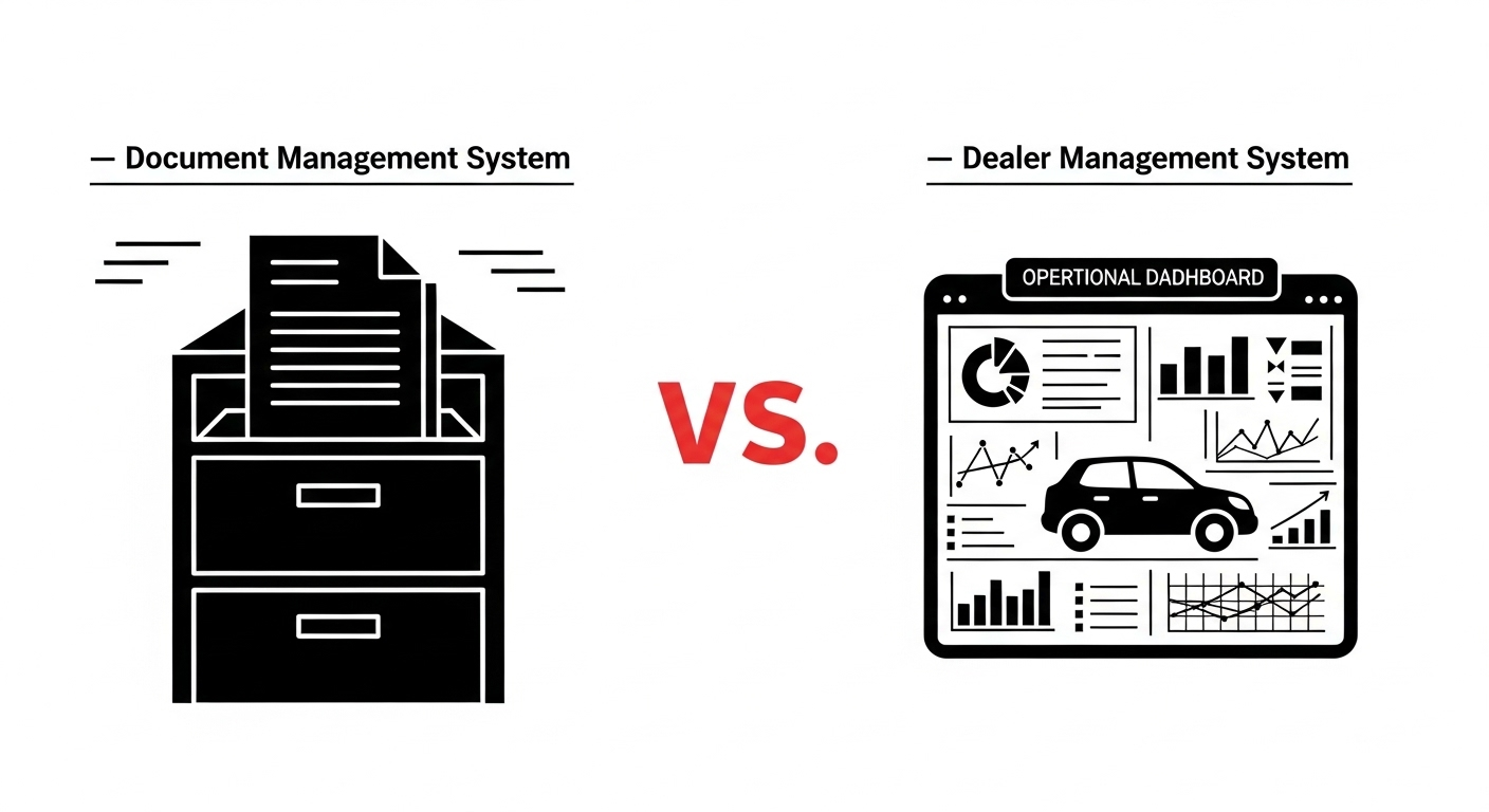 A graphic comparing a Document Management System (DMS) for paperwork to a Dealer Management System for operations in the automotive industry. (Source: Imagen 4)