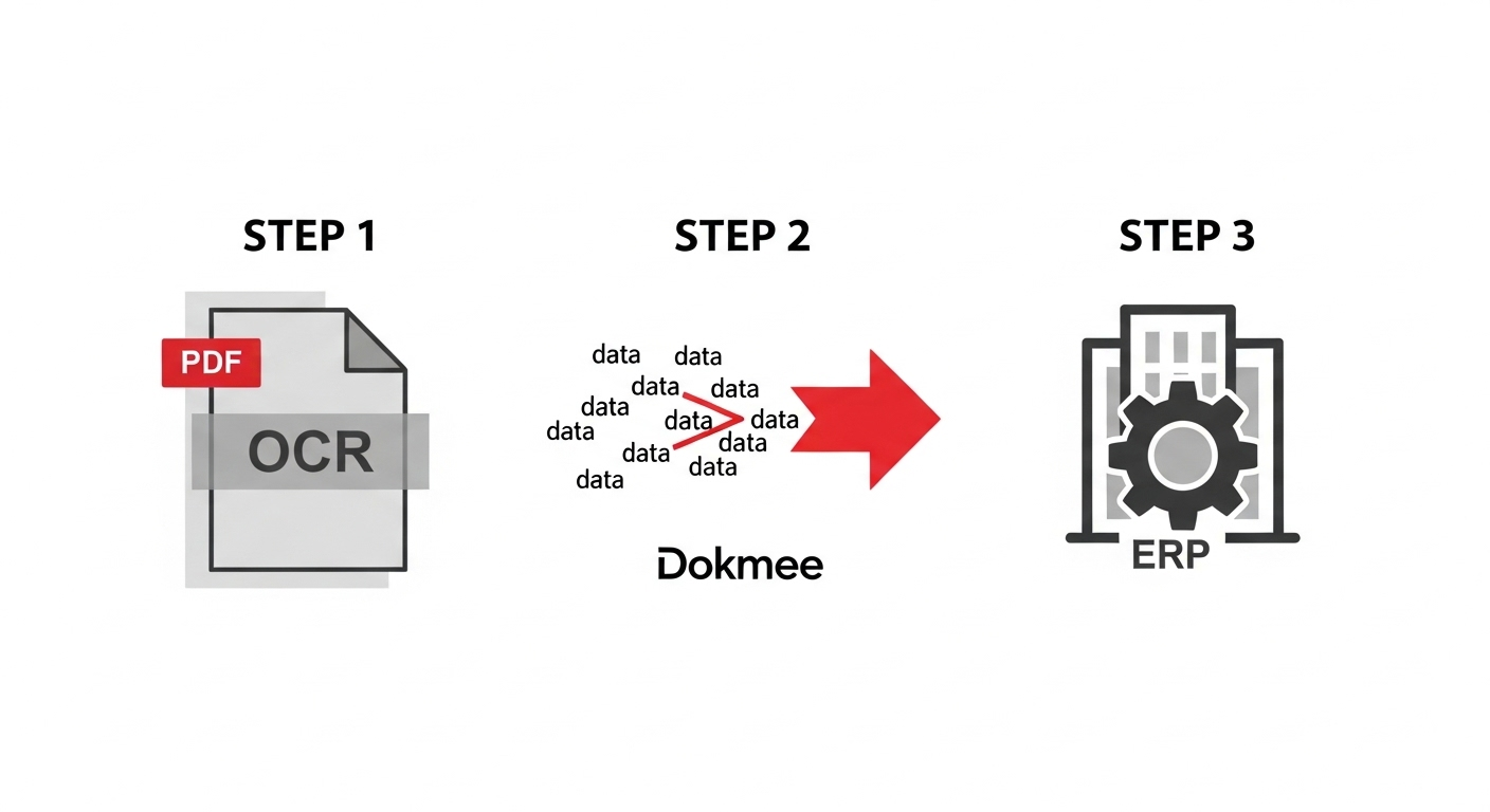 An infographic showing how DMS integration uses OCR to automate the process of extracting data from an invoice and sending it to an ERP system.