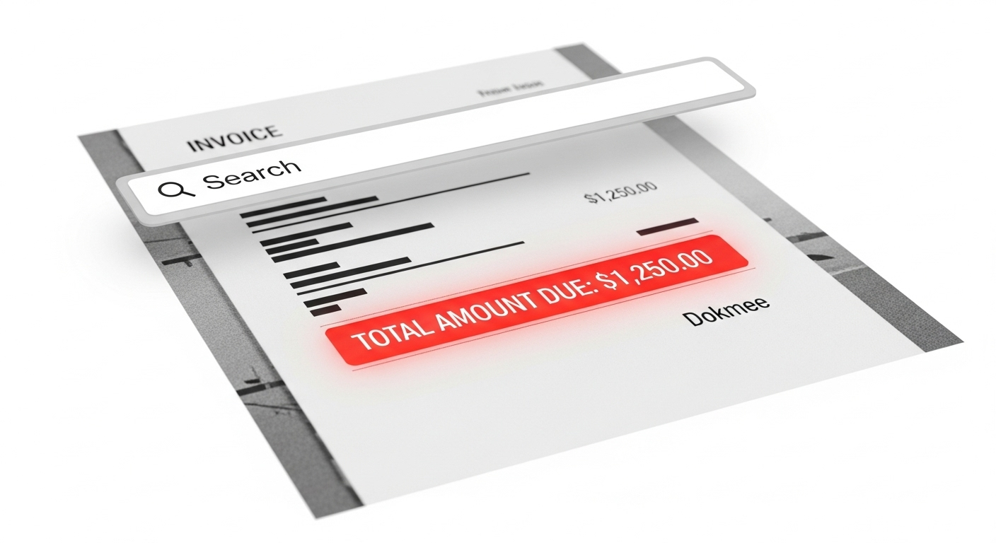 A graphic demonstrating the OCR search feature in a DMS for accountants, instantly finding specific text within a scanned document. (Source: Imagen 4)