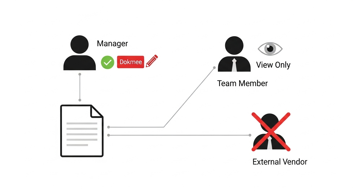 A diagram showing how secure document management uses granular access controls to assign different permissions to different user roles.
