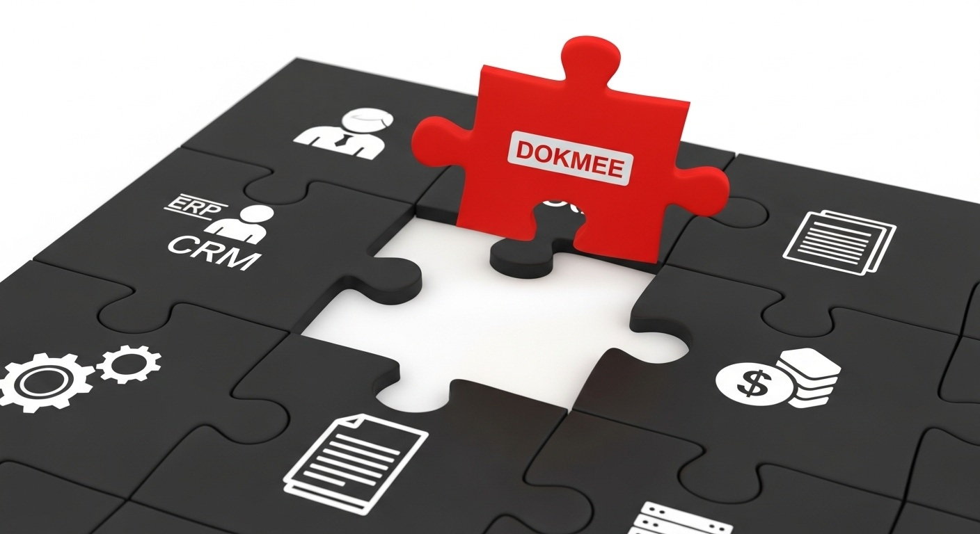 An image of a puzzle where a final red piece representing a DMS fits perfectly to connect other pieces representing CRM and ERP systems.