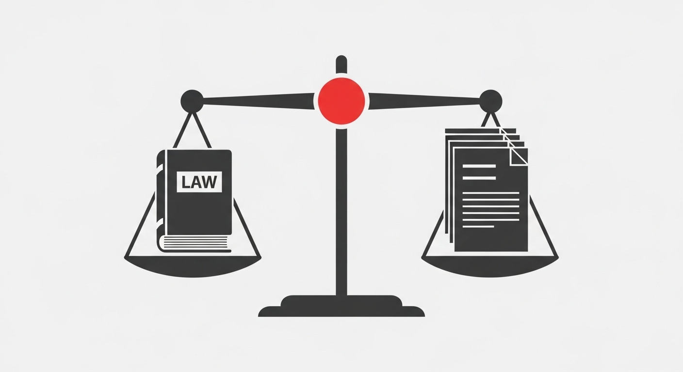 An icon of the scales of justice, balanced by a law book and a stack of organized documents, symbolizing how a DMS provides stability to a law firm.