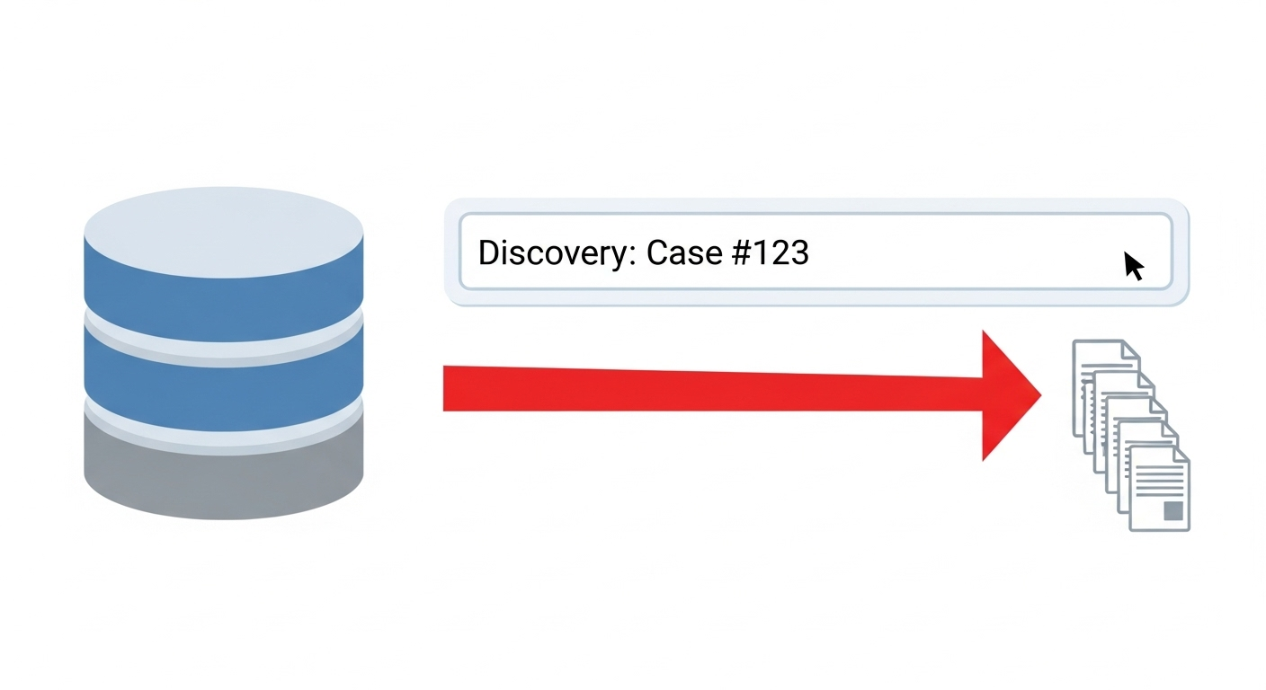 An infographic showing how a legal DMS can instantly search an entire database and retrieve specific documents for a discovery request.
