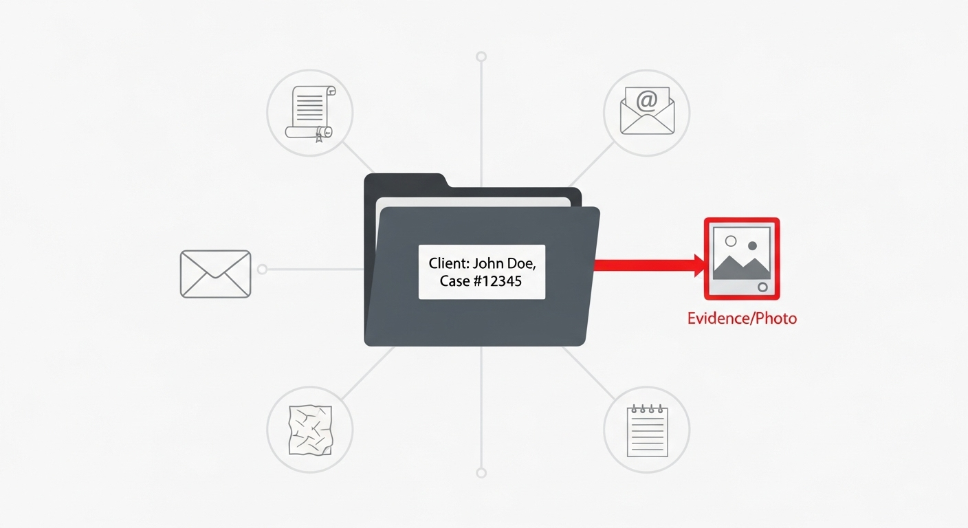 A diagram showing how a legal DMS organizes all case documents, emails, and evidence into a single, centralized matter file.