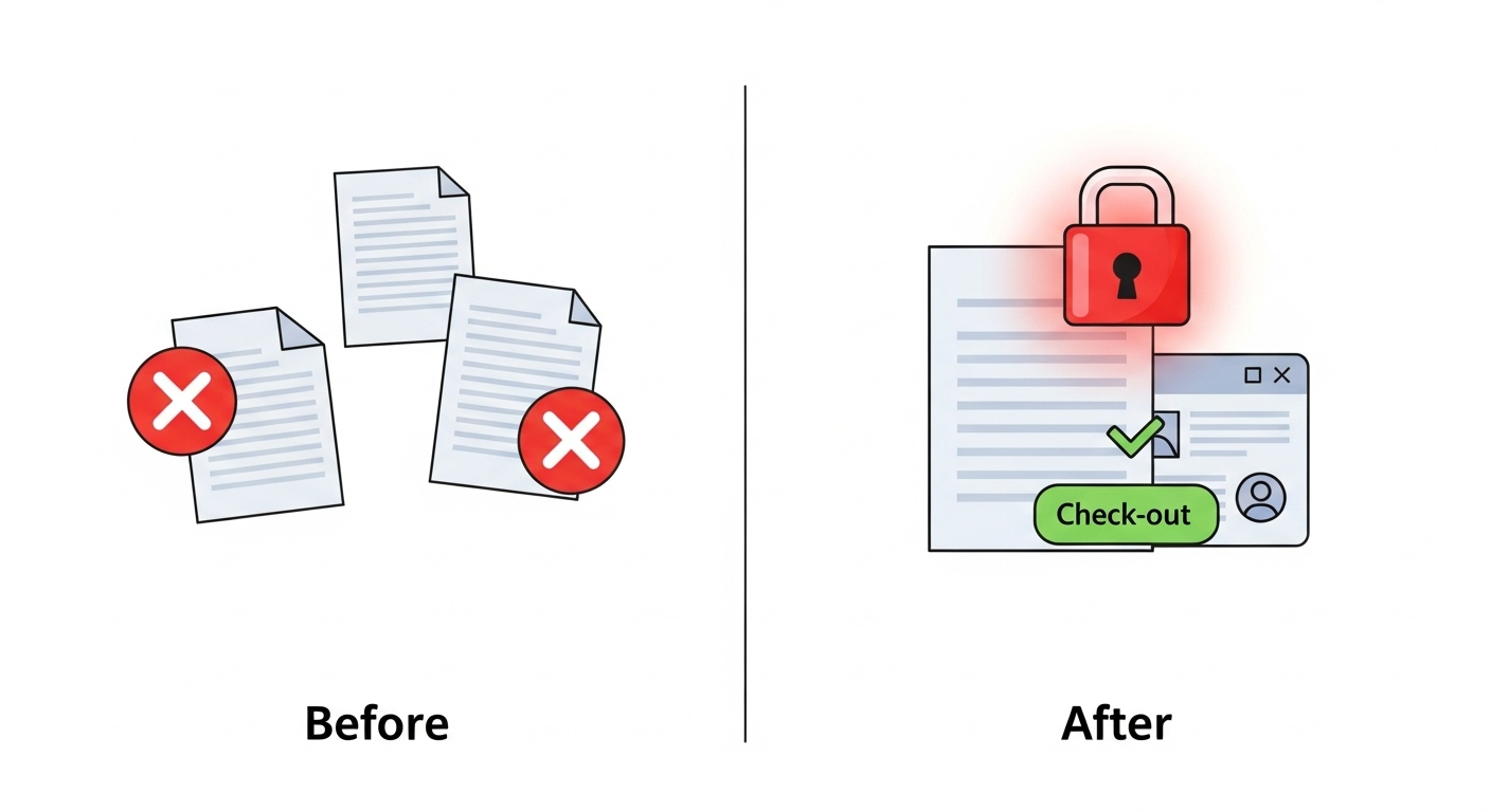 A diagram contrasting chaotic document drafts with the secure check-in/check-out version control system of a legal DMS.