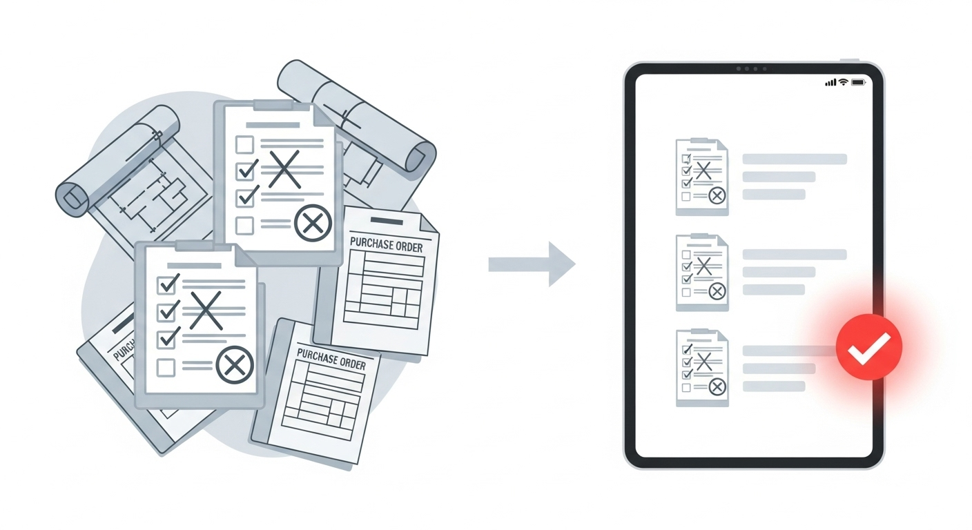 A diagram showing how a DMS for manufacturing transforms chaotic paperwork like engineering drawings and QA forms into an organized digital system.