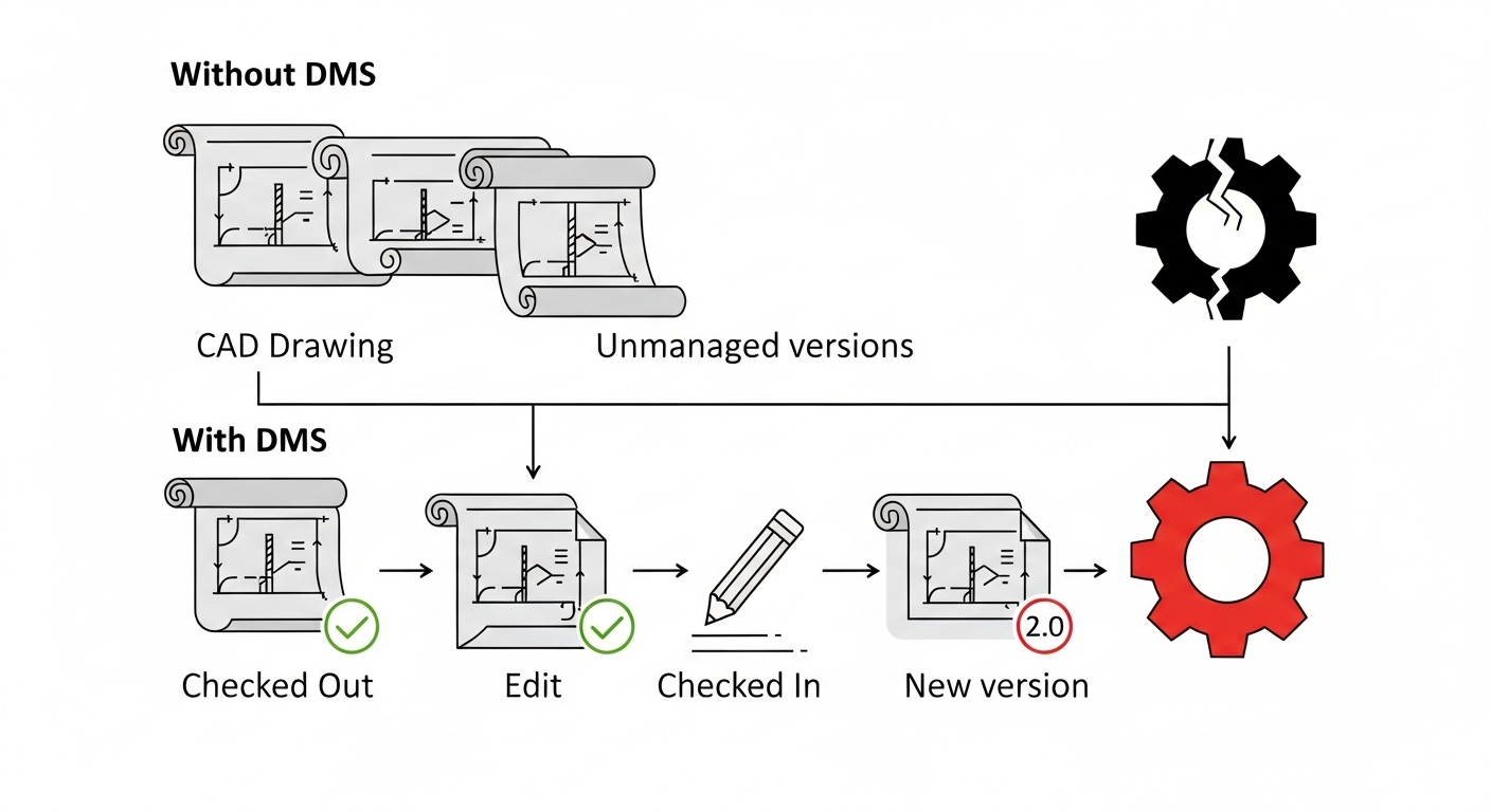 A workflow diagram comparing manufacturing without a DMS, which leads to scrap, versus with a DMS, which ensures proper version control.