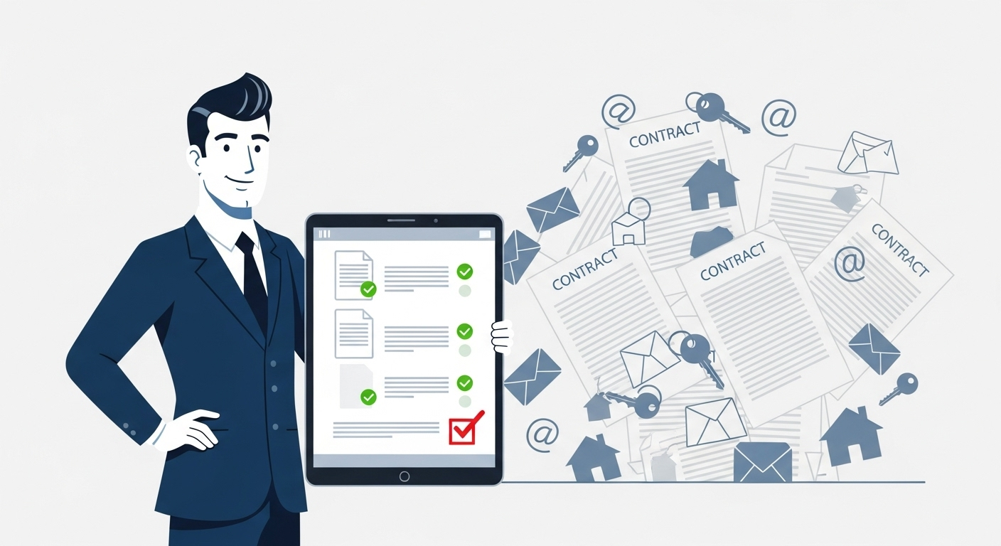 An illustration of a real estate agent using a DMS on a tablet to manage transactions, symbolizing control and efficiency.