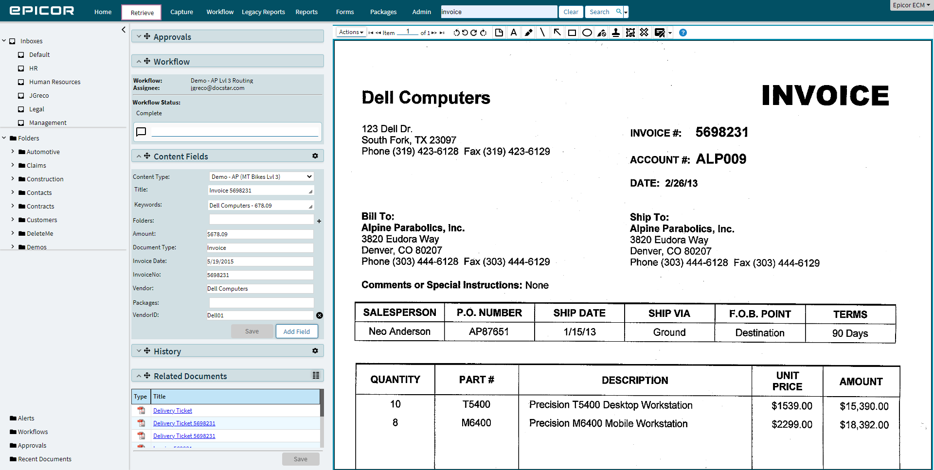DocStar ECM document preview feature displaying a scanned invoice within an automated accounts payable workflow, with metadata tagging and validation tools. (Source)