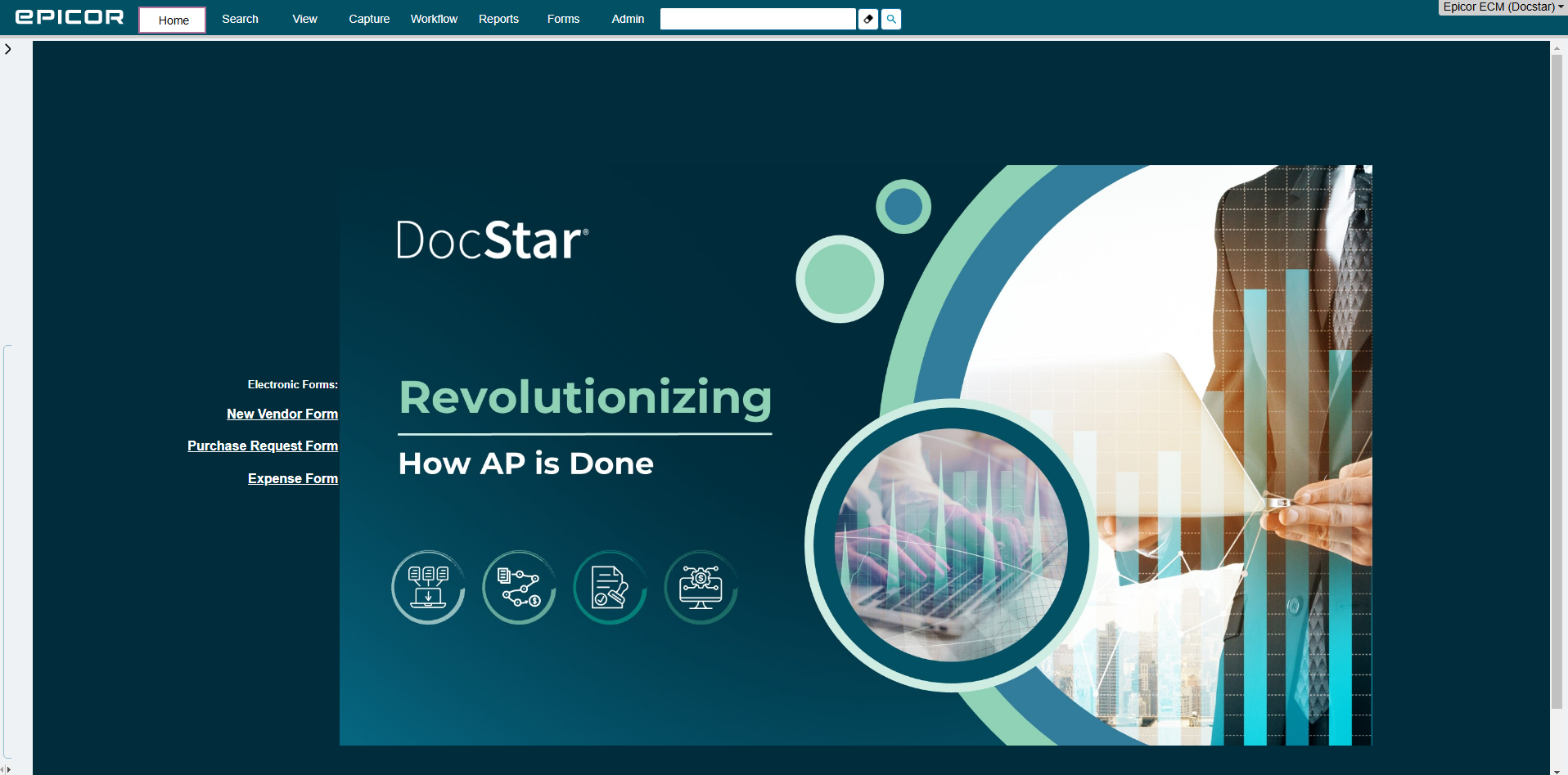 DocStar ECM homepage featuring an AP automation banner, a navigation bar with workflow and capture tools, and electronic forms for vendors, purchases, and expenses. (Source)