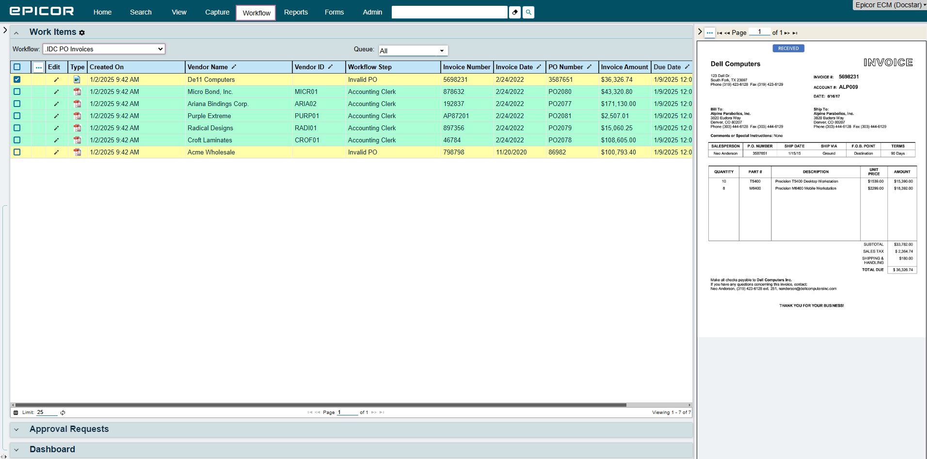 DocStar ECM interface showing PO invoice workflow queue and detailed invoice preview with vendor, PO, itemized charges, and total amount. (Source)
