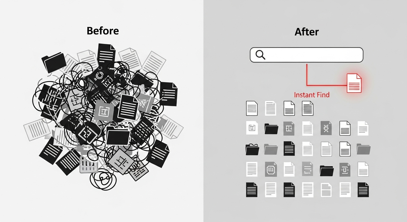 A diagram contrasting a chaotic pile of digital files with an organized, searchable library made possible by document indexing.