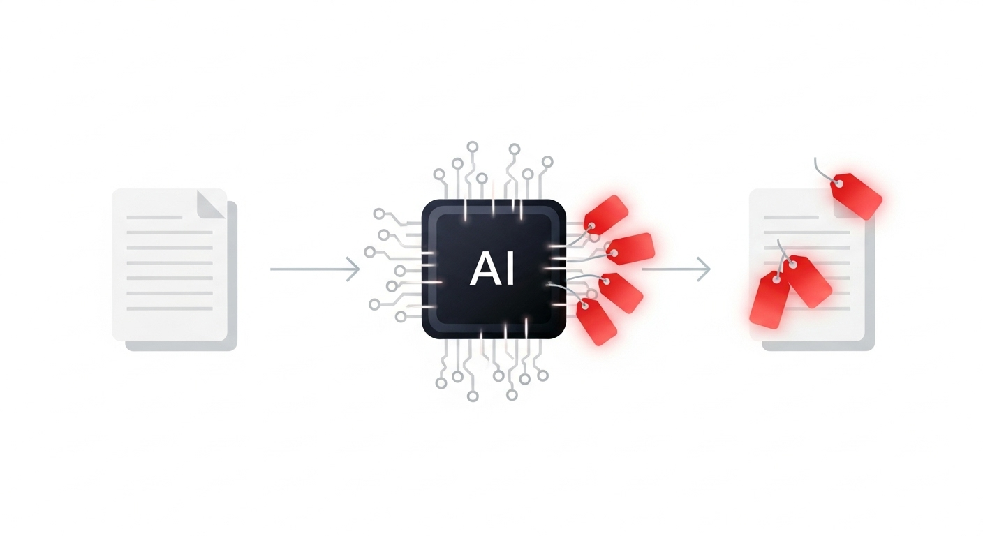 An infographic showing how AI document indexing works by reading a document and automatically applying metadata tags for searching.