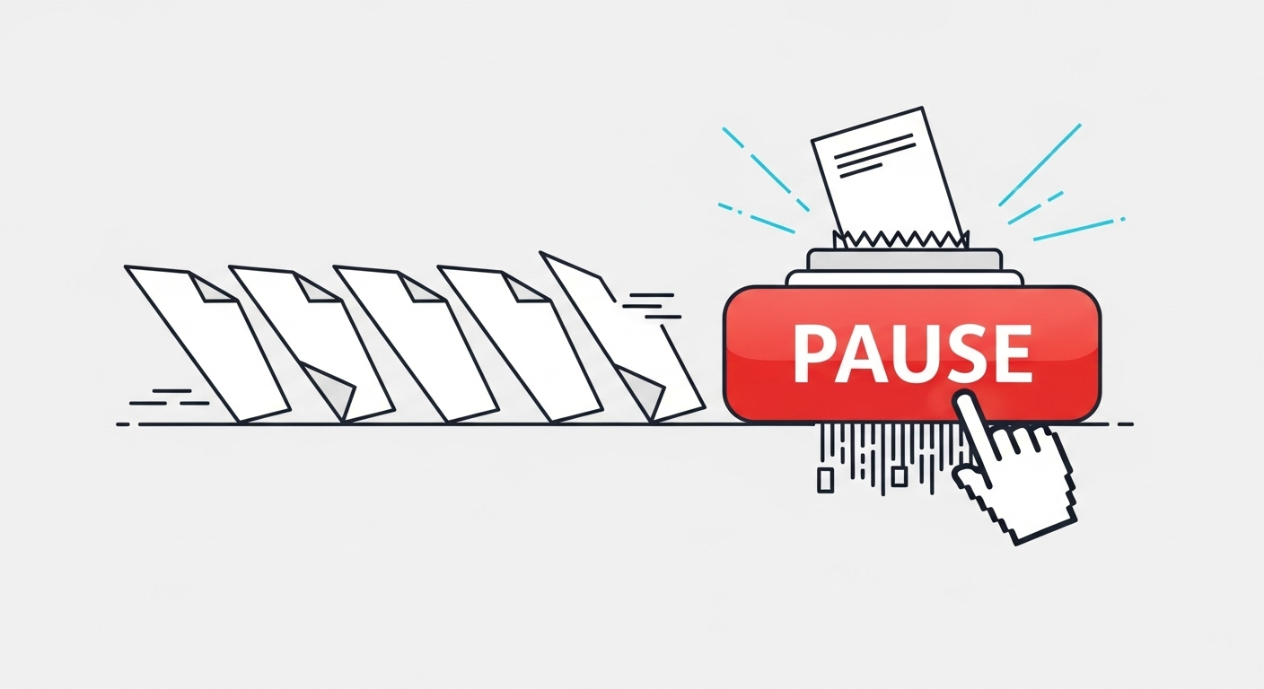 An illustration of a 'litigation hold' feature in an ECM, where a user presses a button to instantly stop a document from being deleted.