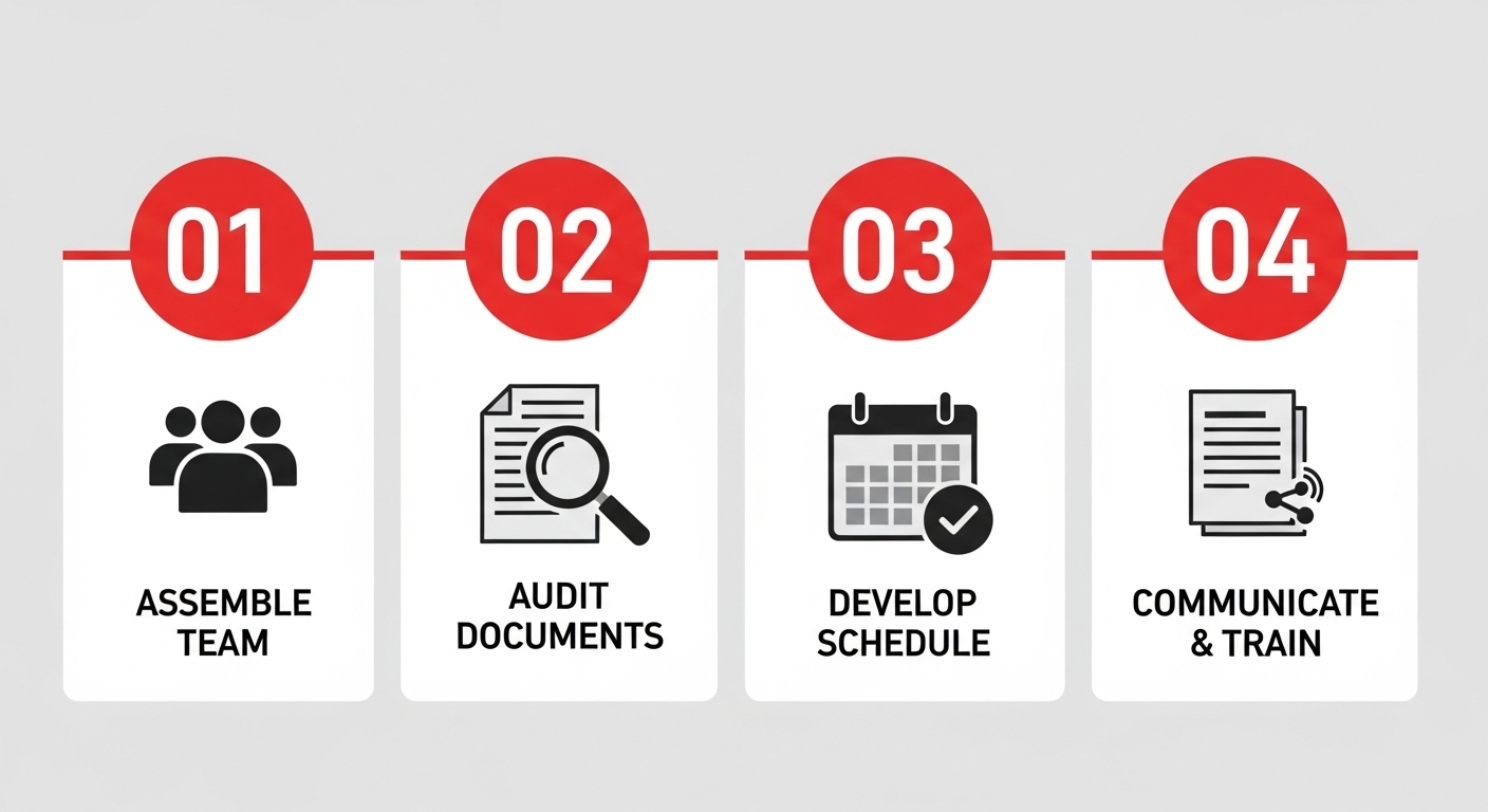 An infographic showing the 4 steps to create a document retention policy: assembling a team, auditing documents, developing a schedule, and training.