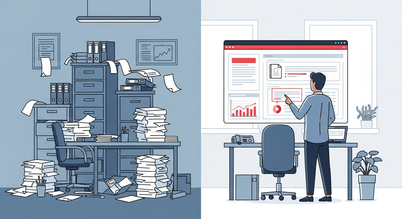 Illustration comparing the chaos of physical document storage with the efficiency and organization of a digital document management system (DMS) (physical-vs-digital-document-storage.jpg)