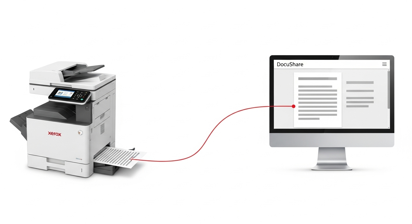 Illustration of DocuShare's automated document capture, showing a Xerox printer seamlessly scanning a document directly into the software. (Source: Imagen 4)