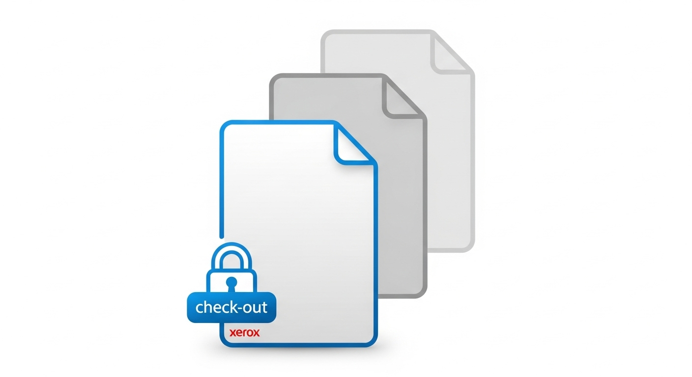 Minimalist illustration of DocuShare's version control, with a locked document in the foreground and its previous versions faded behind it for secure tracking. (Source: Imagen 4)