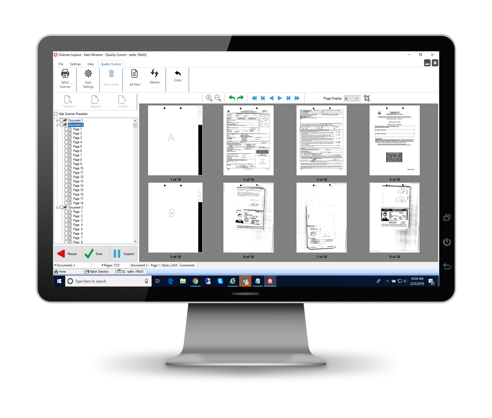 A demonstration of Dokmee Capture’s user interface showing the quality control module, where a user reviews and organizes batches of scanned documents before processing and indexing.