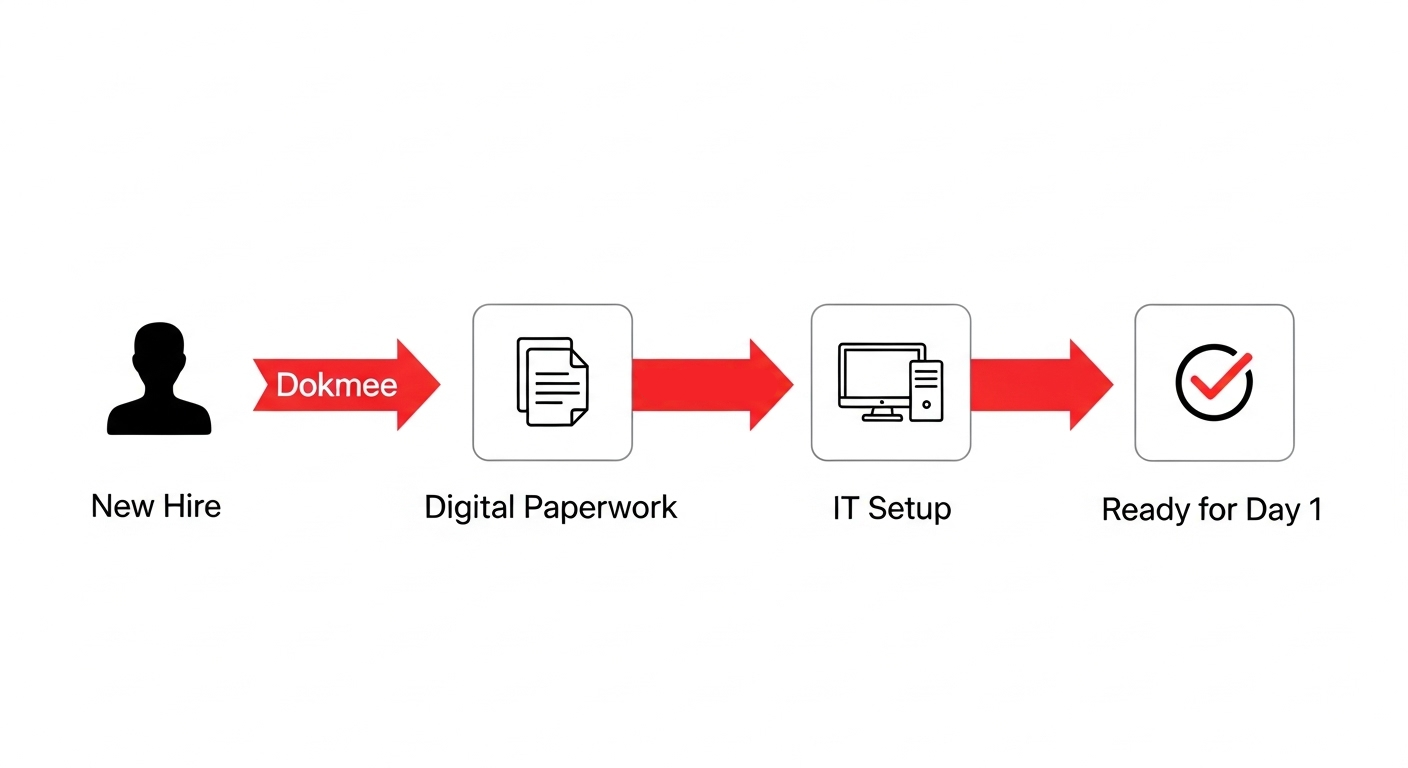 A flowchart showing a streamlined employee onboarding workflow powered by an HR document management system (DMS). (Source: Imagen 4)