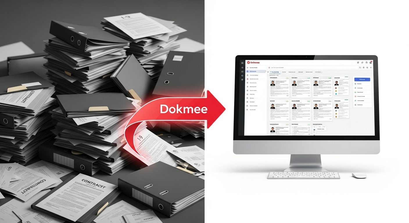 A graphic showing how an HR document management system transforms chaotic paper employee files into a streamlined, organized digital system. (Source: Imagen 4)