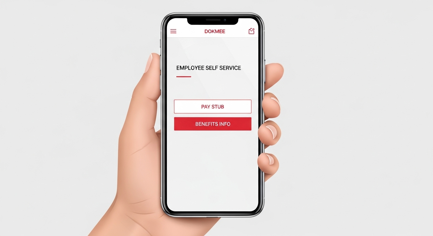 An employee accessing their pay stubs and benefits information through a secure self-service portal on a mobile HR DMS. (Source: Imagen 4)