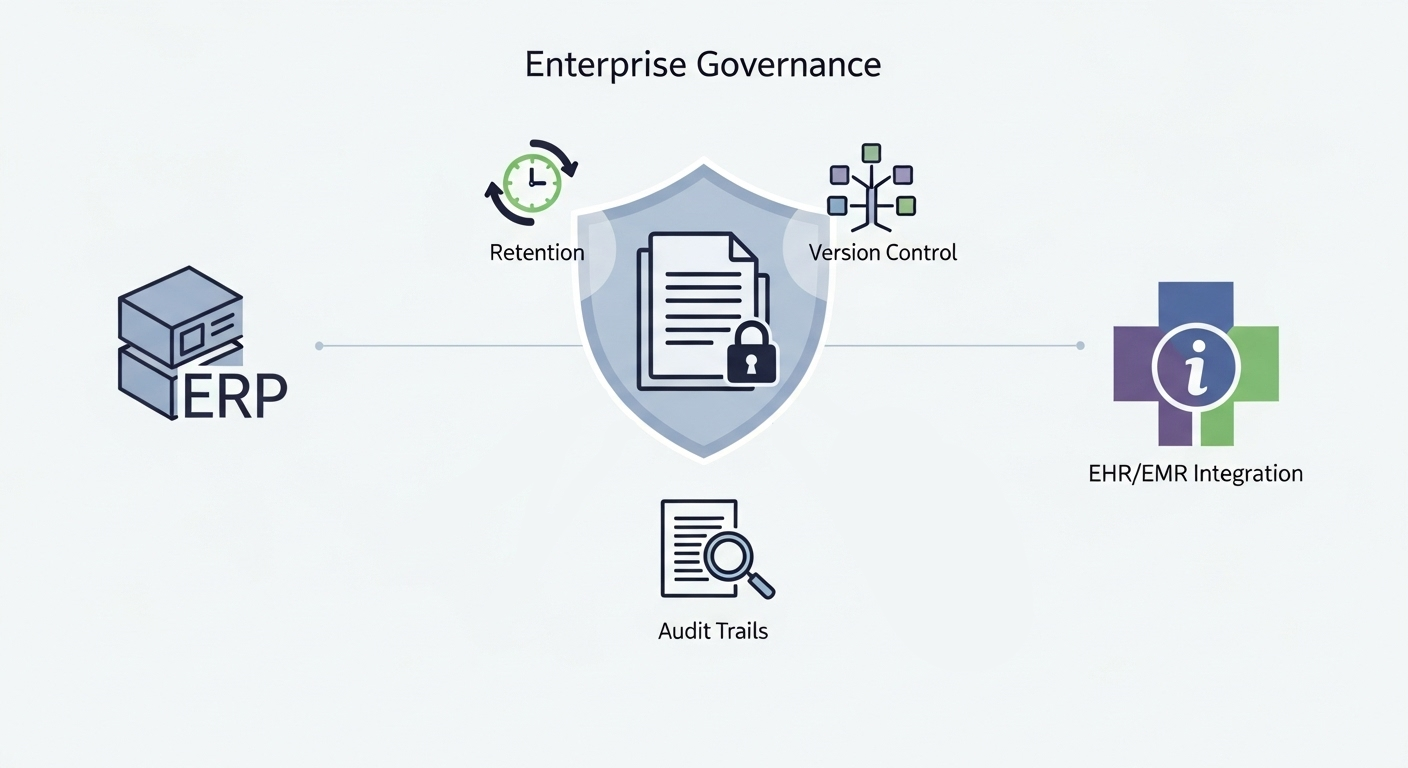 Graphic illustrating Hyland OnBase's content governance features, including version control, audit trails, and specialized EHR/EMR integration for compliance. (Source: Imagen 4)