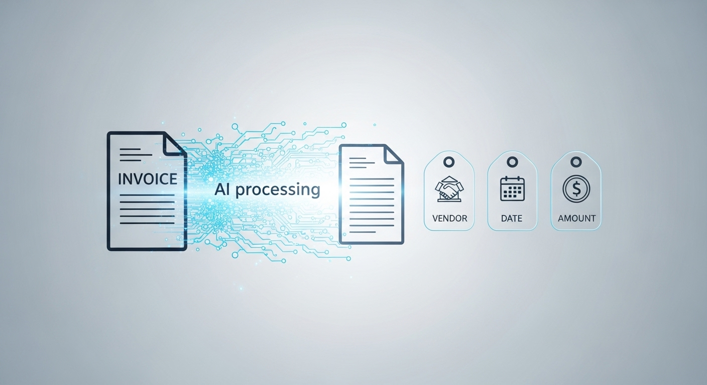Illustration of Hyland OnBase's intelligent capture, showing AI extracting key data points from a document for automated workflow. (Source: Imagen 4)