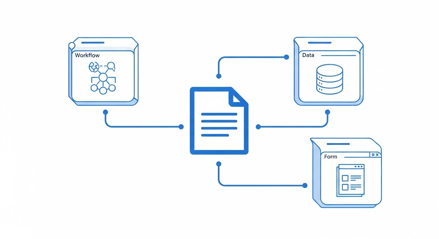Graphic showing the Hyland OnBase low-code platform, with a central document connected to custom application modules for data and workflows. (Source: Imagen 4)