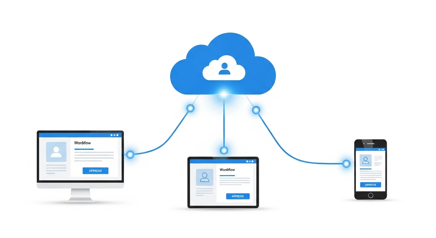 Illustration of Hyland OnBase's secure remote access, with users on mobile and desktop participating in workflows via its cloud platform. (Source: Imagen 4)