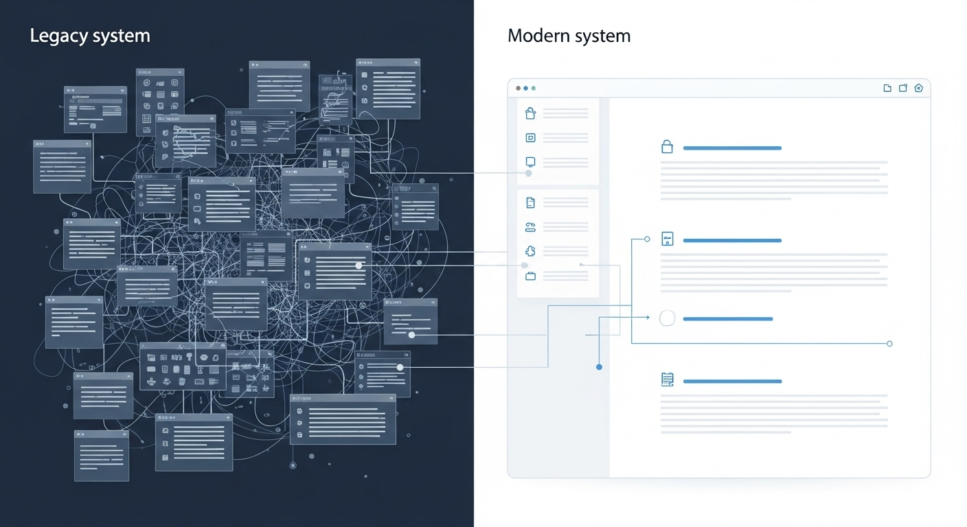 Conceptual illustration comparing a complex legacy ECM like Hyland OnBase to a modern, streamlined enterprise content management platform. (Source: Imagen 4)