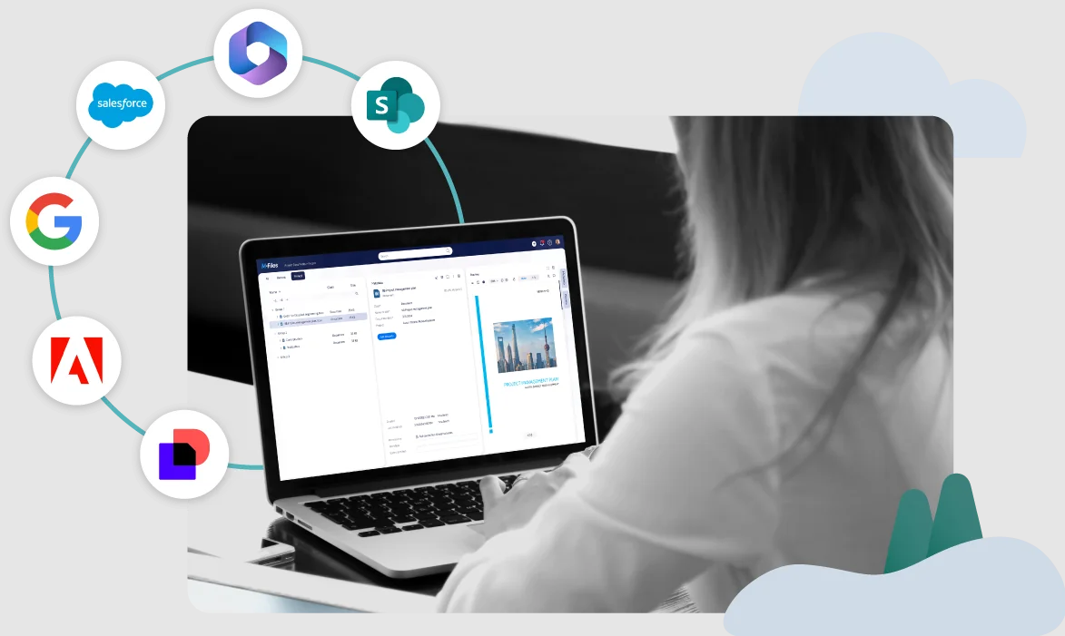 M-Files DMS showing document preview and metadata with logos of Salesforce, Google, Adobe, and SharePoint to highlight integration. (Source)