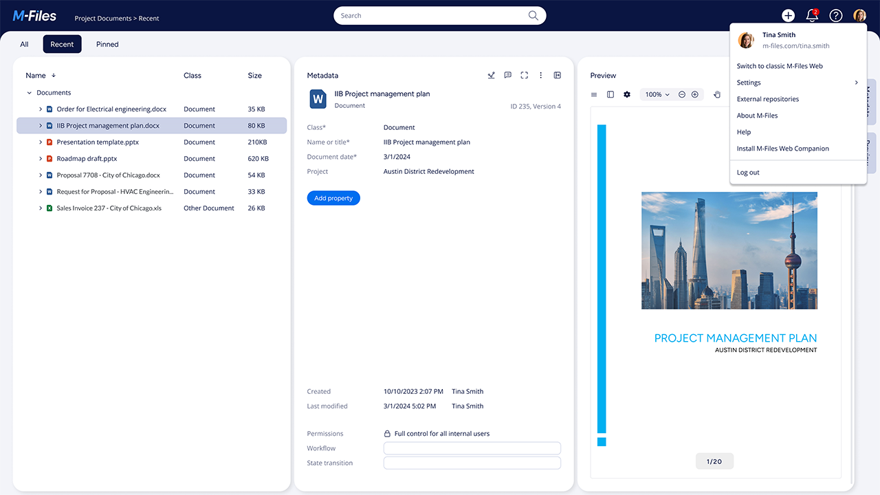 M-Files interface showcasing metadata-driven document management with contextual search, live preview, and user-specific access controls. (Source)