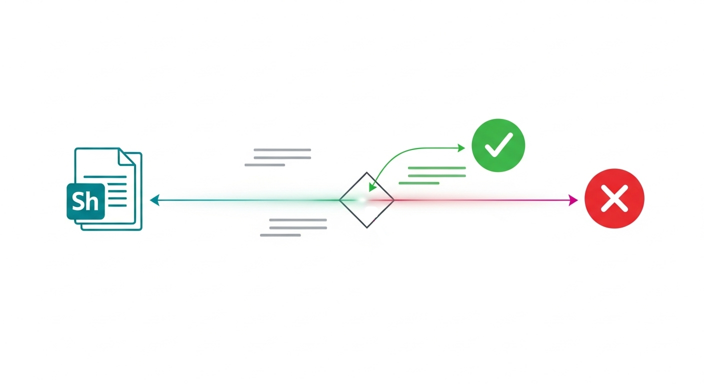 Microsoft Sharepoint flowchart illustrating an automation process; a document triggers a decision node leading to approval (green check) or rejection (red X). (Source: Imagen 4)