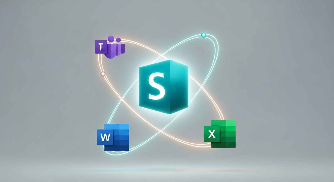 Microsoft SharePoint connecting with Teams, Word, and Excel, visualizing Microsoft 365 integration. (Source: Imagen 4)