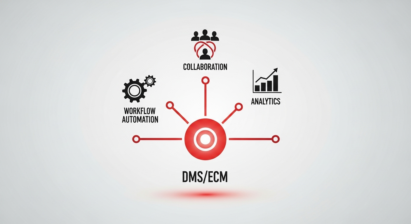 Vector illustration of a scalable ECM solution, showing a central Dokmee hub connecting to various business functions like workflow and analytics. (scalable-ecm-document-management-solution.jpg)