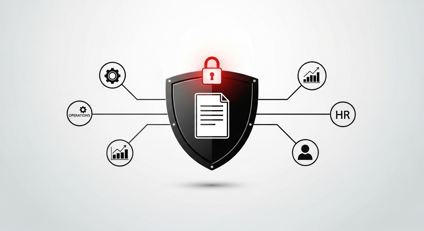 A diagram showing a document secured by a shield, symbolizing the enterprise-grade security of Dokmee's AI document indexing platform.