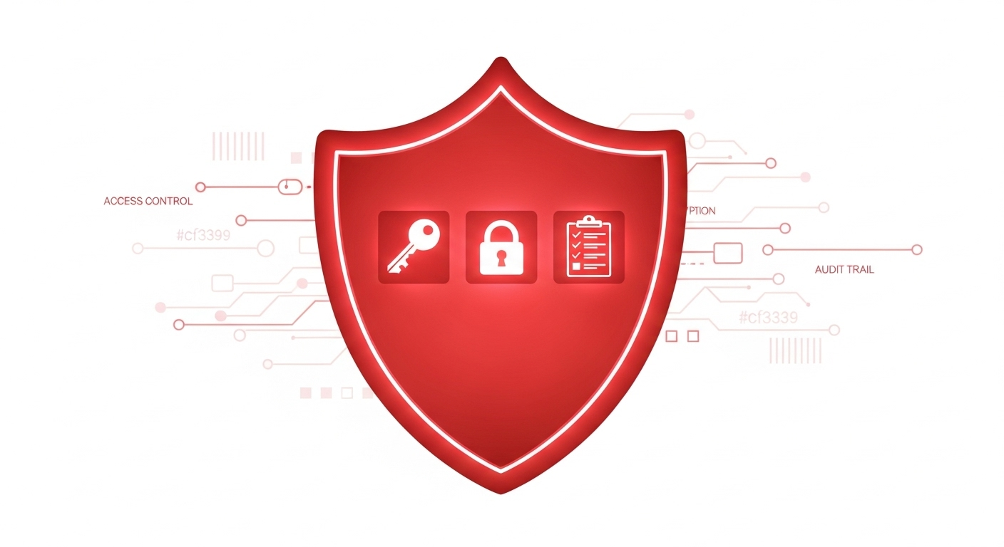 Illustration of enterprise-grade security for digital document storage, featuring a central shield icon with symbols for encryption, access controls, and audit trails. (digital-document-storage-security-features.jpg)