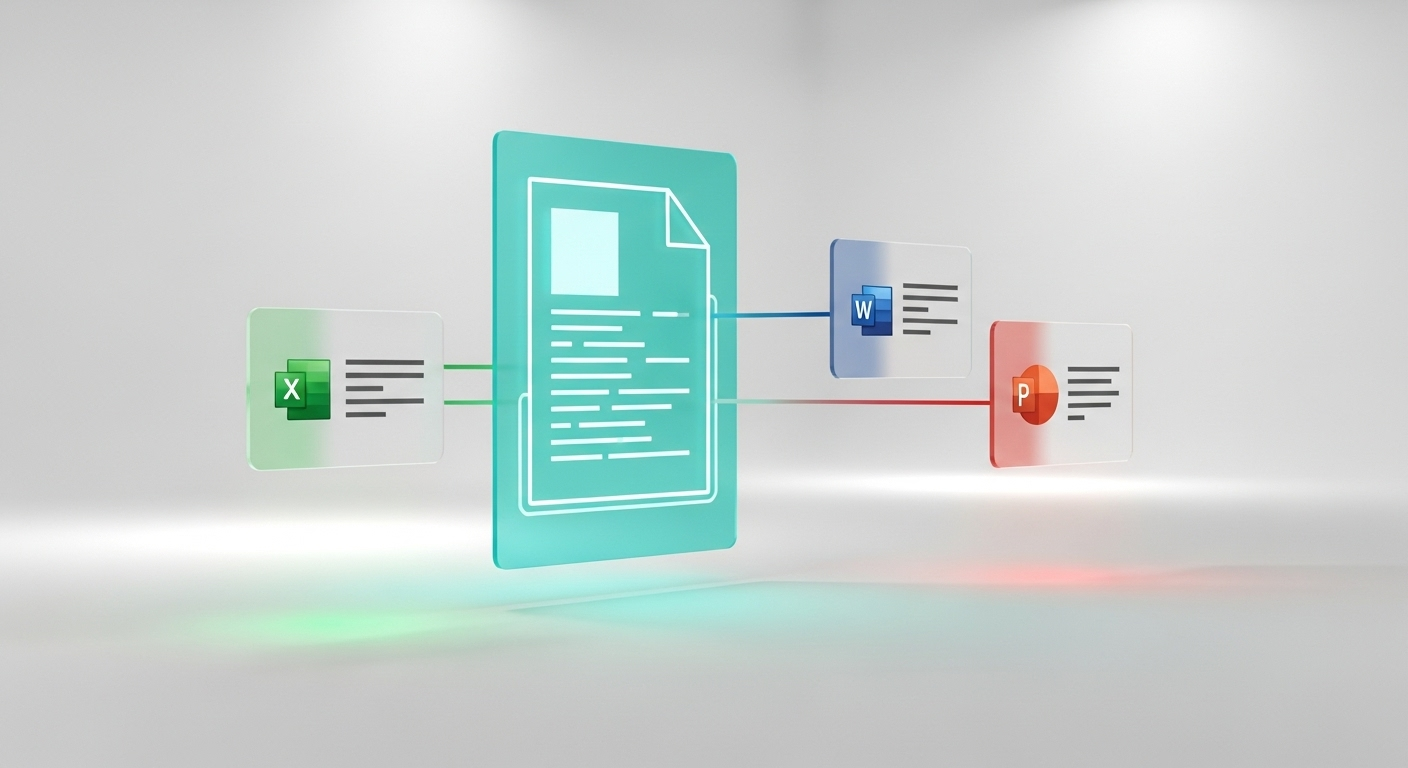 SharePoint document library linking Excel, Word, and PowerPoint files via metadata tags. (Source: Imagen 4)